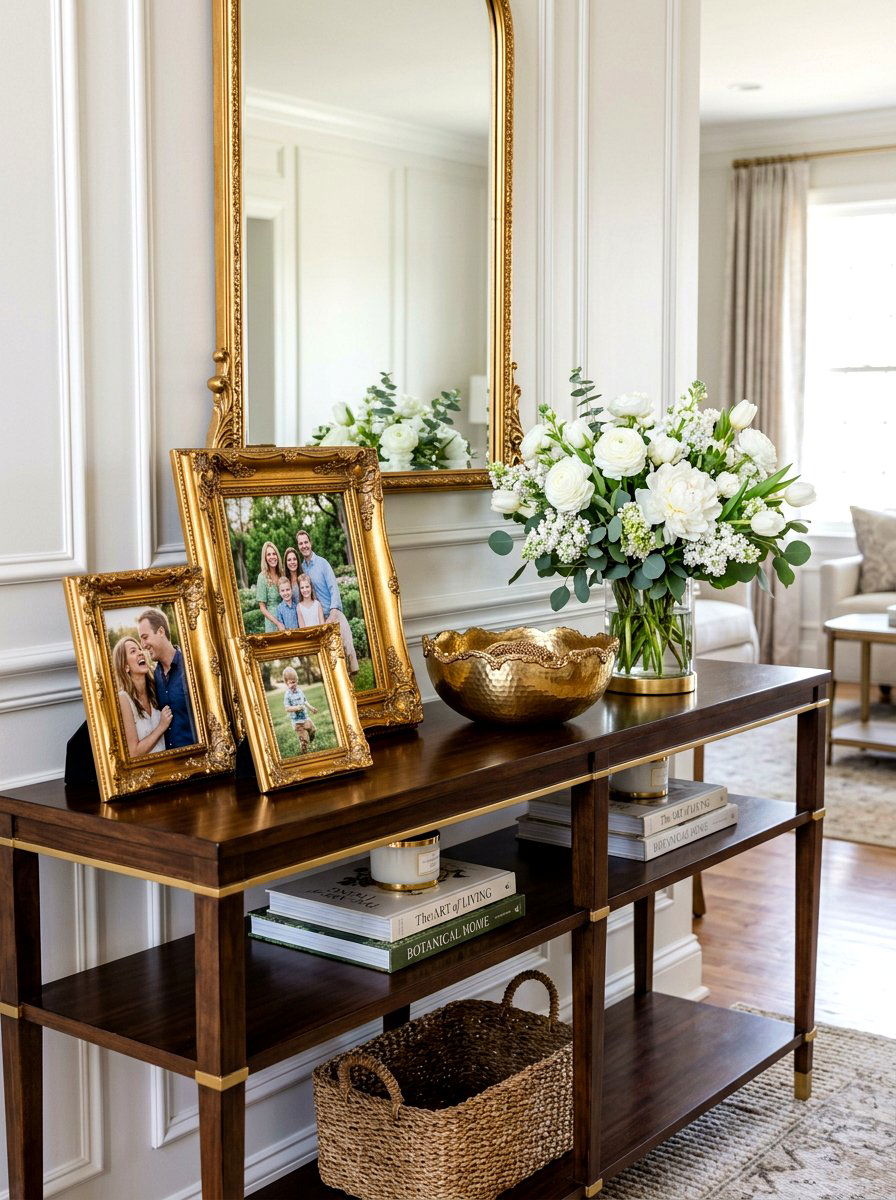 Gold Frame Accents - 25 Spring Console Table Decor Ideas