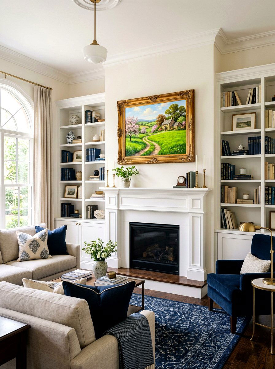Gold Frame Landscape Painting - 25 Spring Modern Mantel Ideas