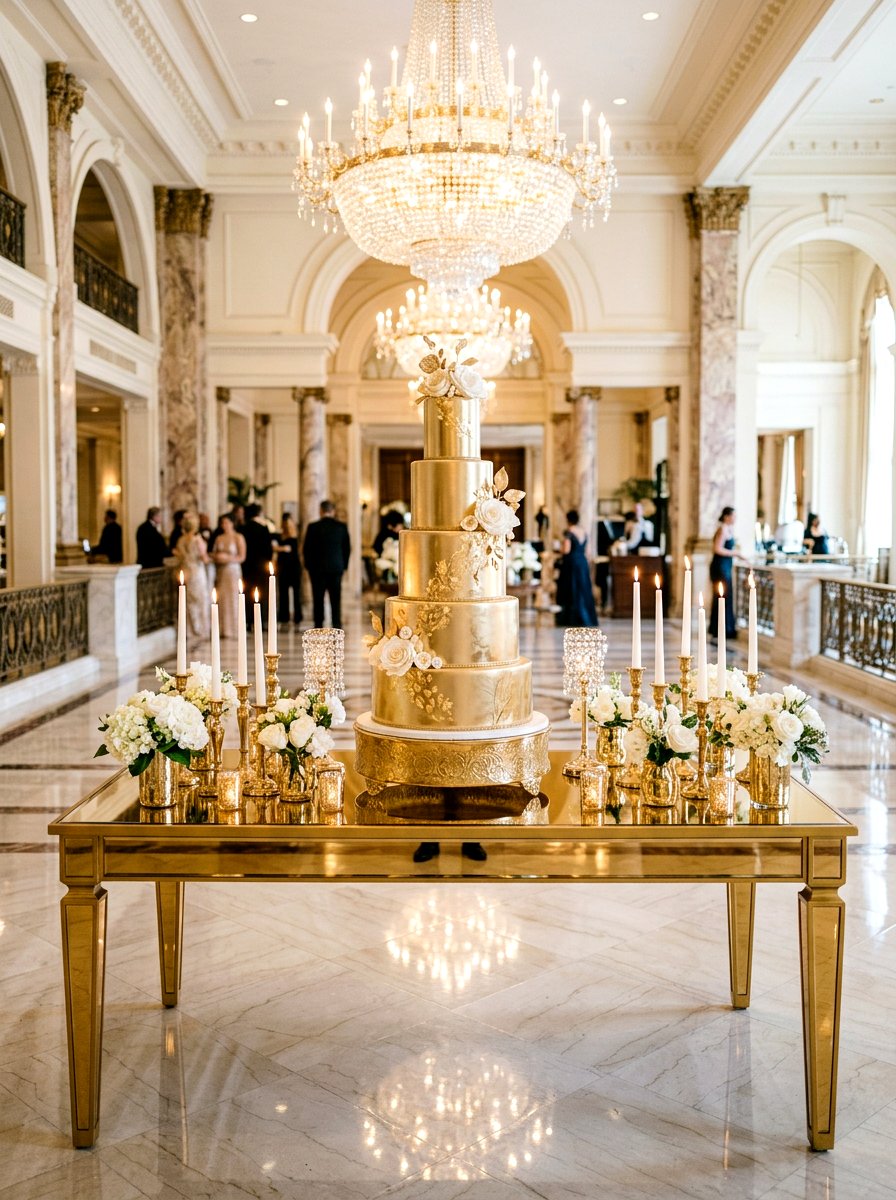 Gold Mirror Cake Display - 25 Spring Wedding Cake Table Ideas