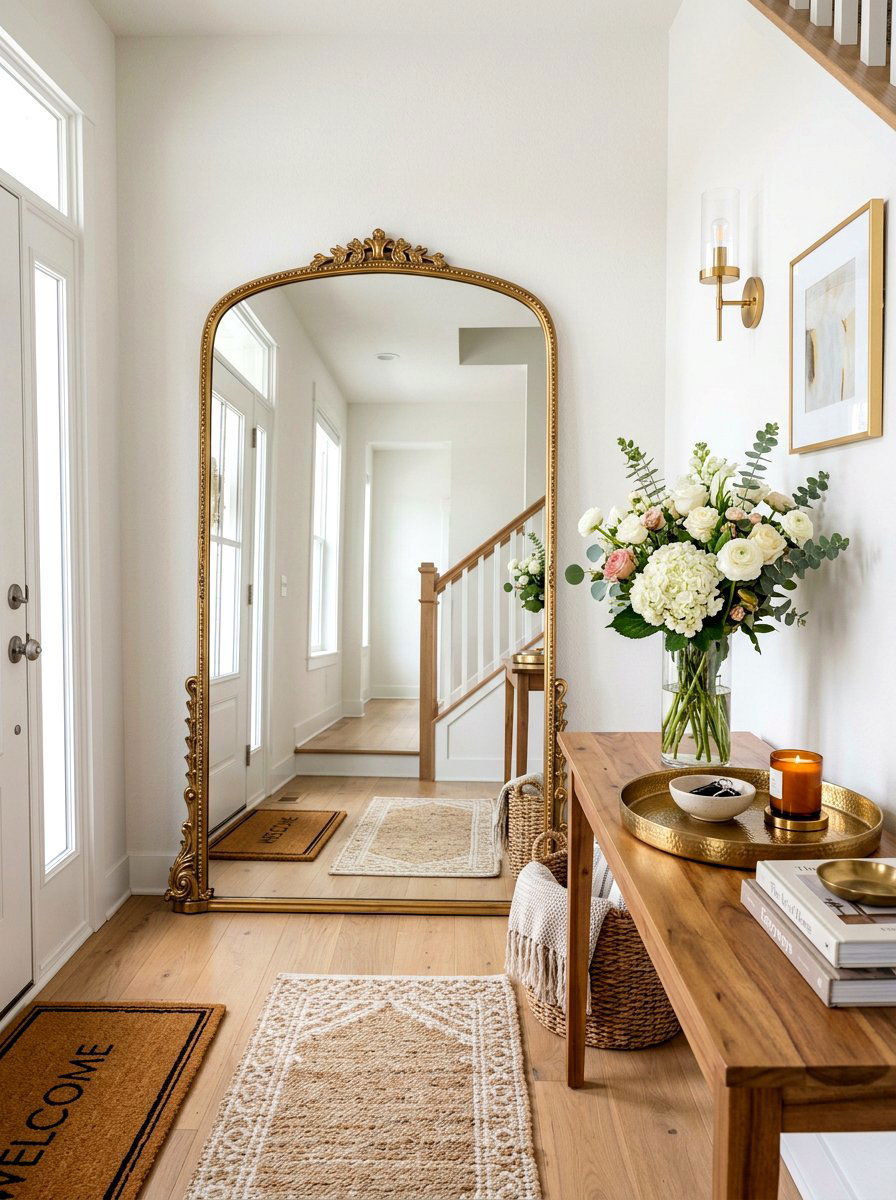 Gold Mirror Entryway Console - 25 Spring Gold Accent Decor Ideas