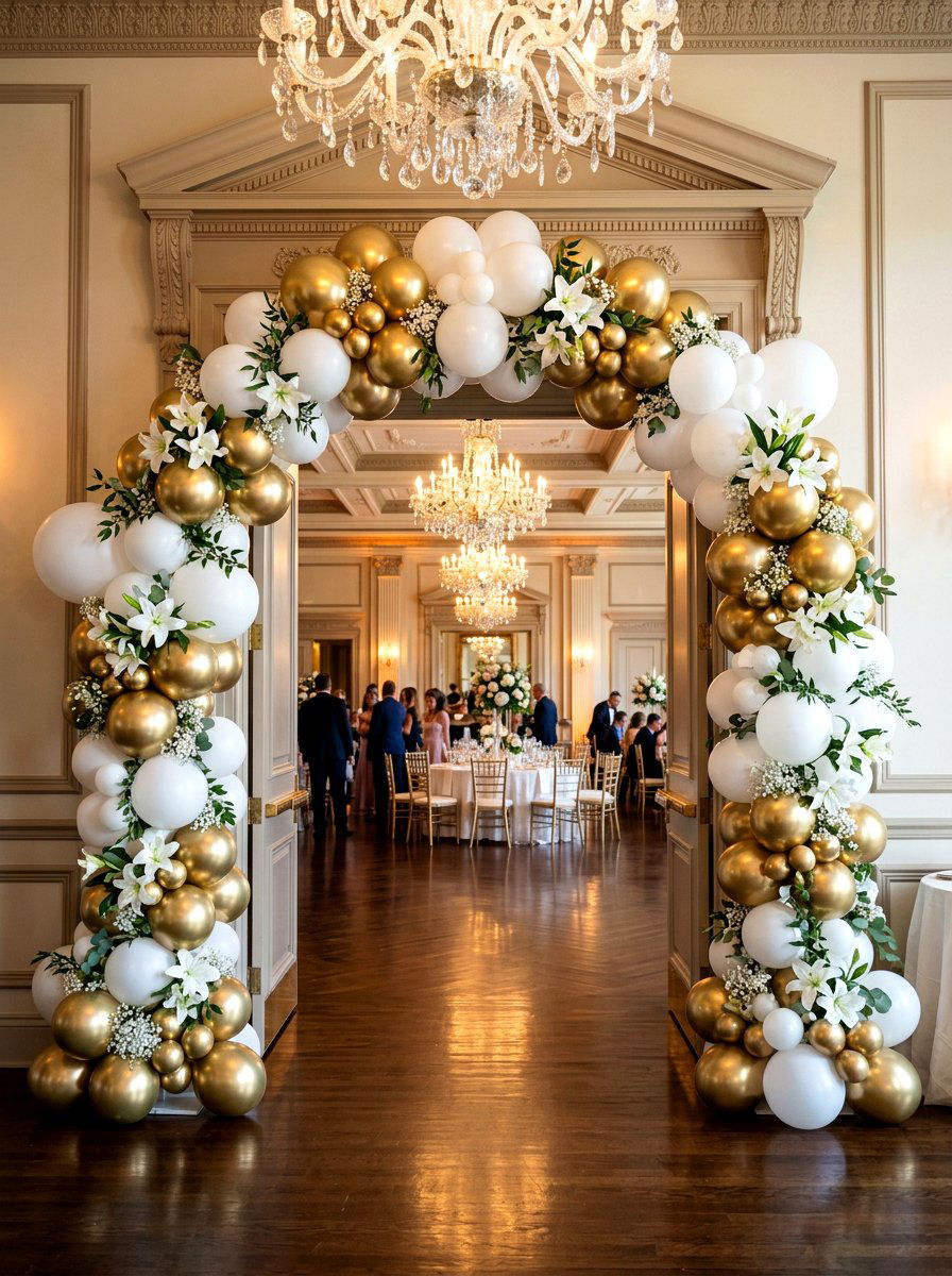 Gold and white spring balloon arch - 25 Spring Balloon Arch Ideas