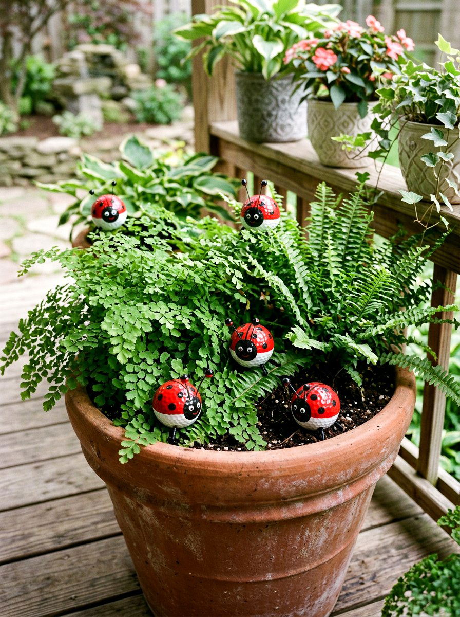 Golf Ball Ladybug Garden Ornament - 25 Spring Ladybug Planter Ideas