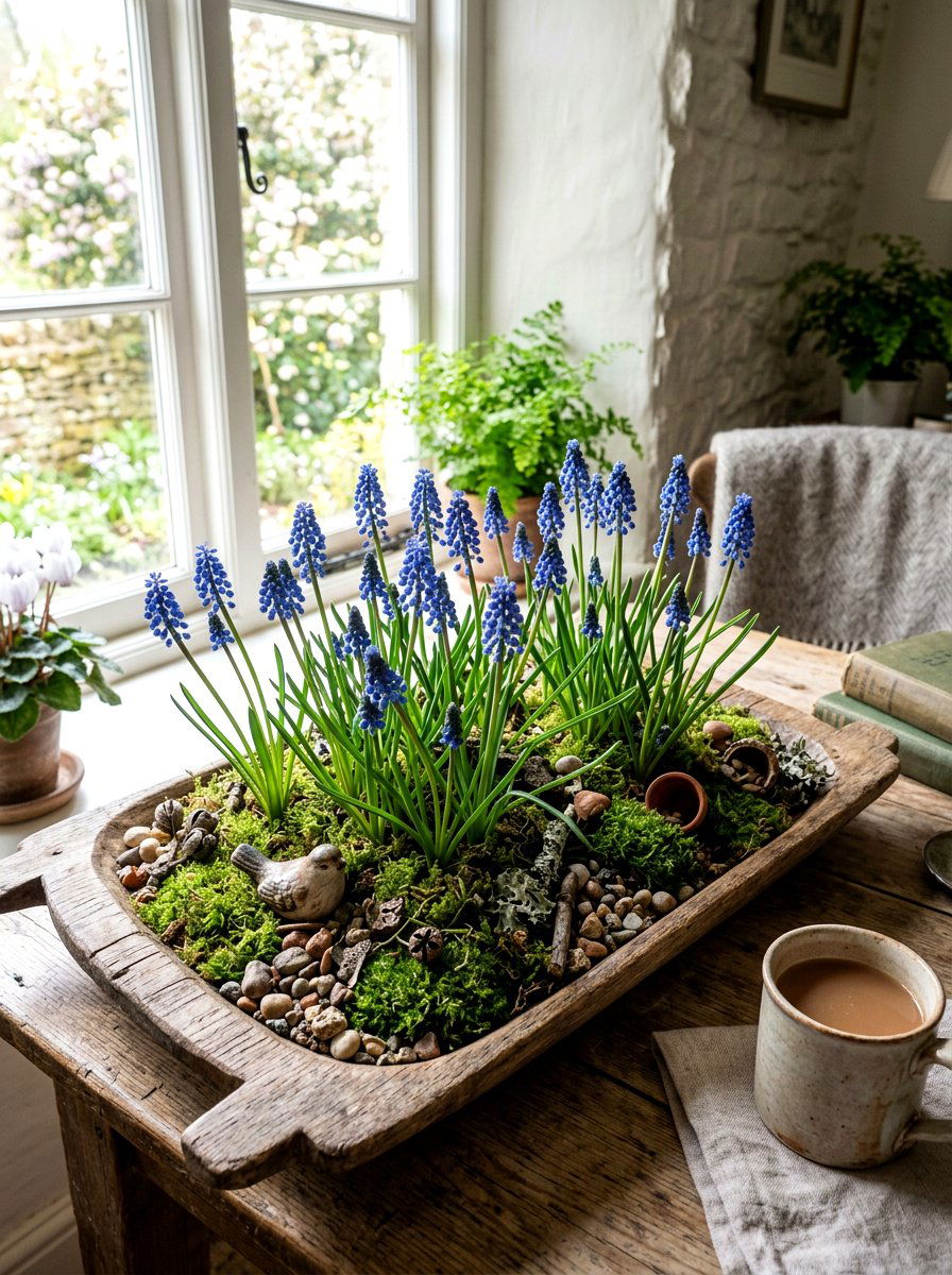 Grape Hyacinth In Moss - 25 Spring Bulb Forcing Ideas