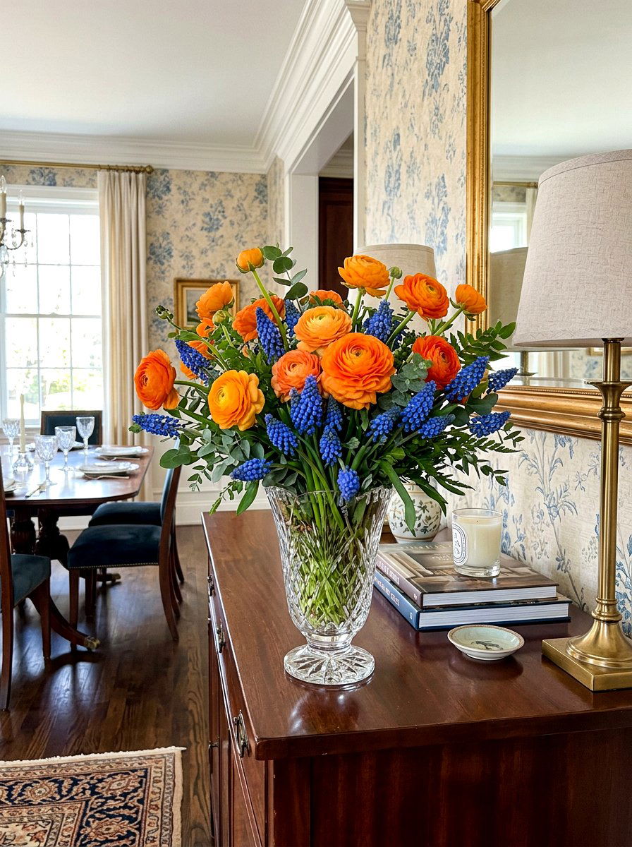 Grape hyacinth and ranunculus arrangement - 25 Spring Muscari Arrangement Ideas
