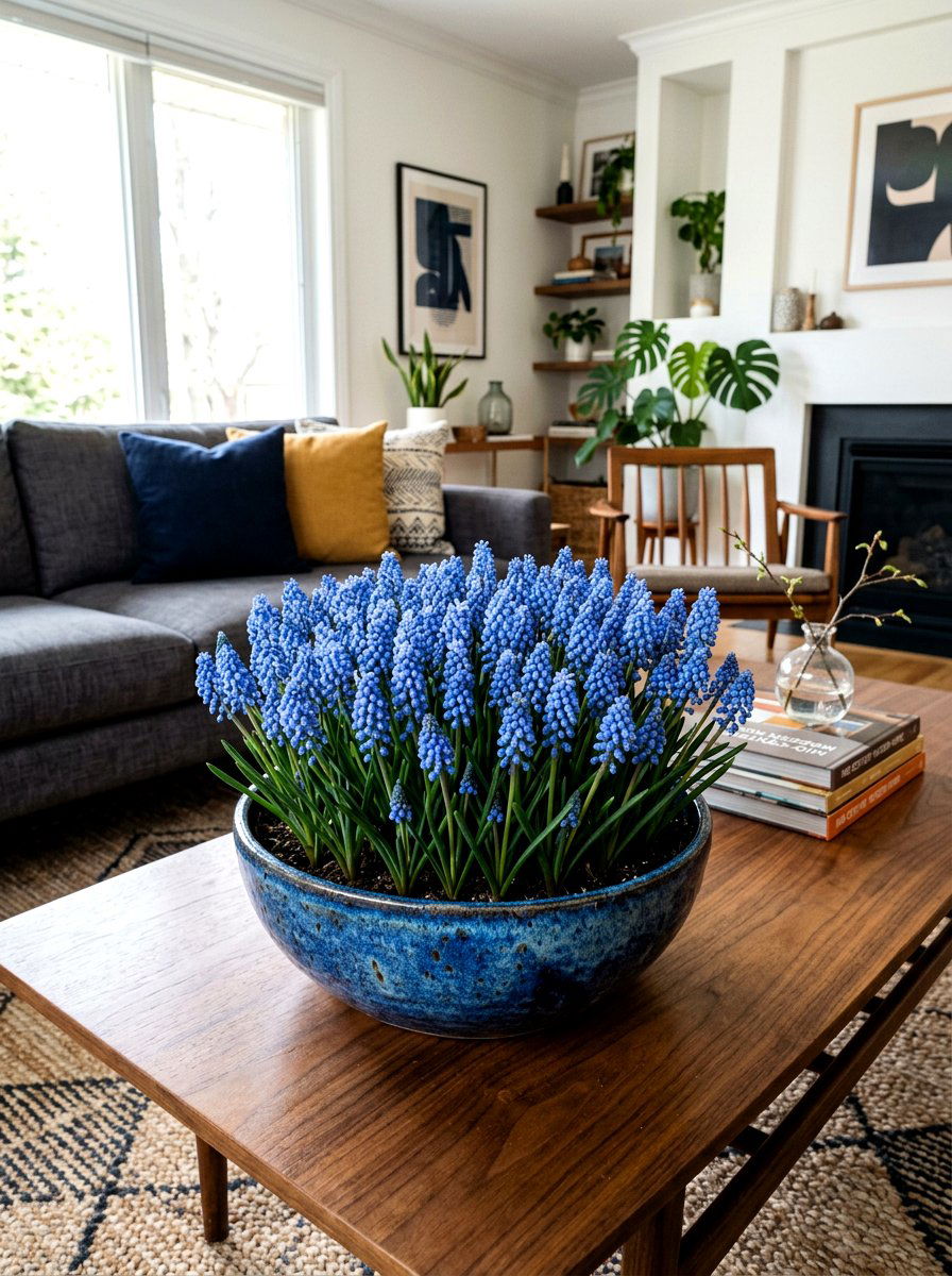 Grape hyacinth in ceramic bowl - 25 Spring Muscari Arrangement Ideas