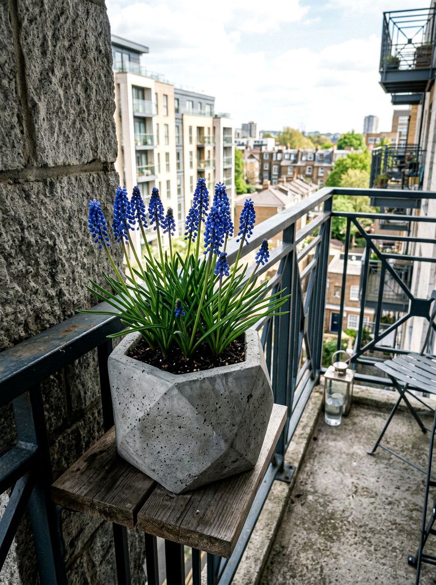 Grape hyacinth in concrete planter - 25 Spring Muscari Arrangement Ideas