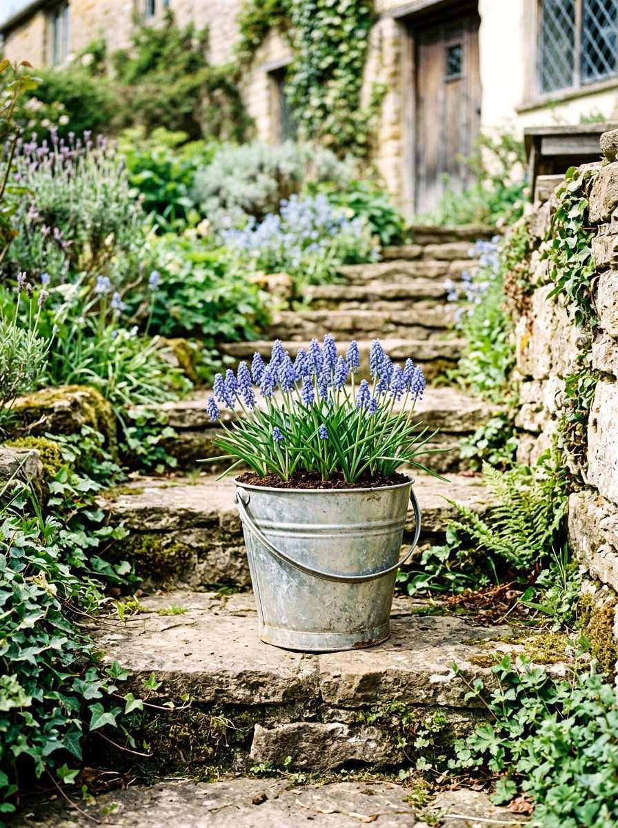 Grape hyacinth in galvanized bucket - 25 Spring Muscari Arrangement Ideas