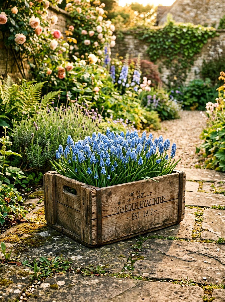 Grape hyacinth in rustic wooden crate - 25 Spring Muscari Arrangement Ideas