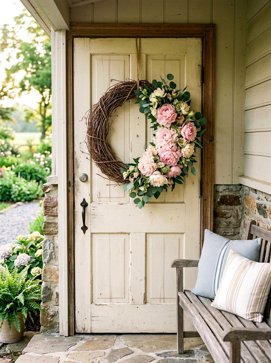Grapevine Wreath With Peonies - 25 Spring Outdoor Wreath Ideas