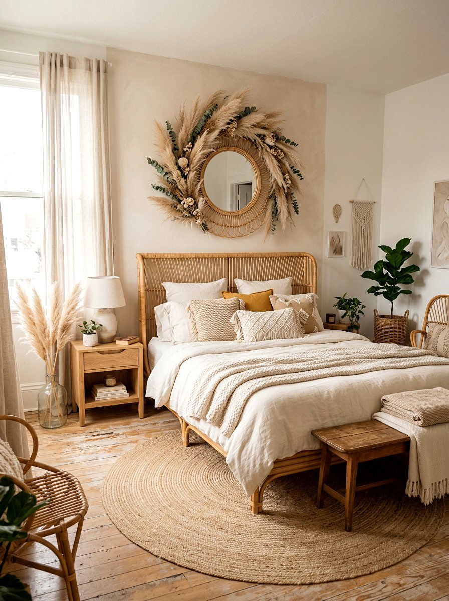 Grass wreath on boho mirror - 25 Spring Wreath on Mirror Ideas