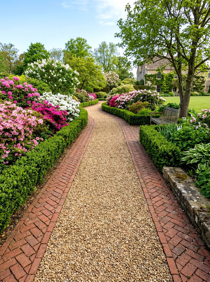 Gravel walkway with brick - 25 Spring Garden Path Decor Ideas