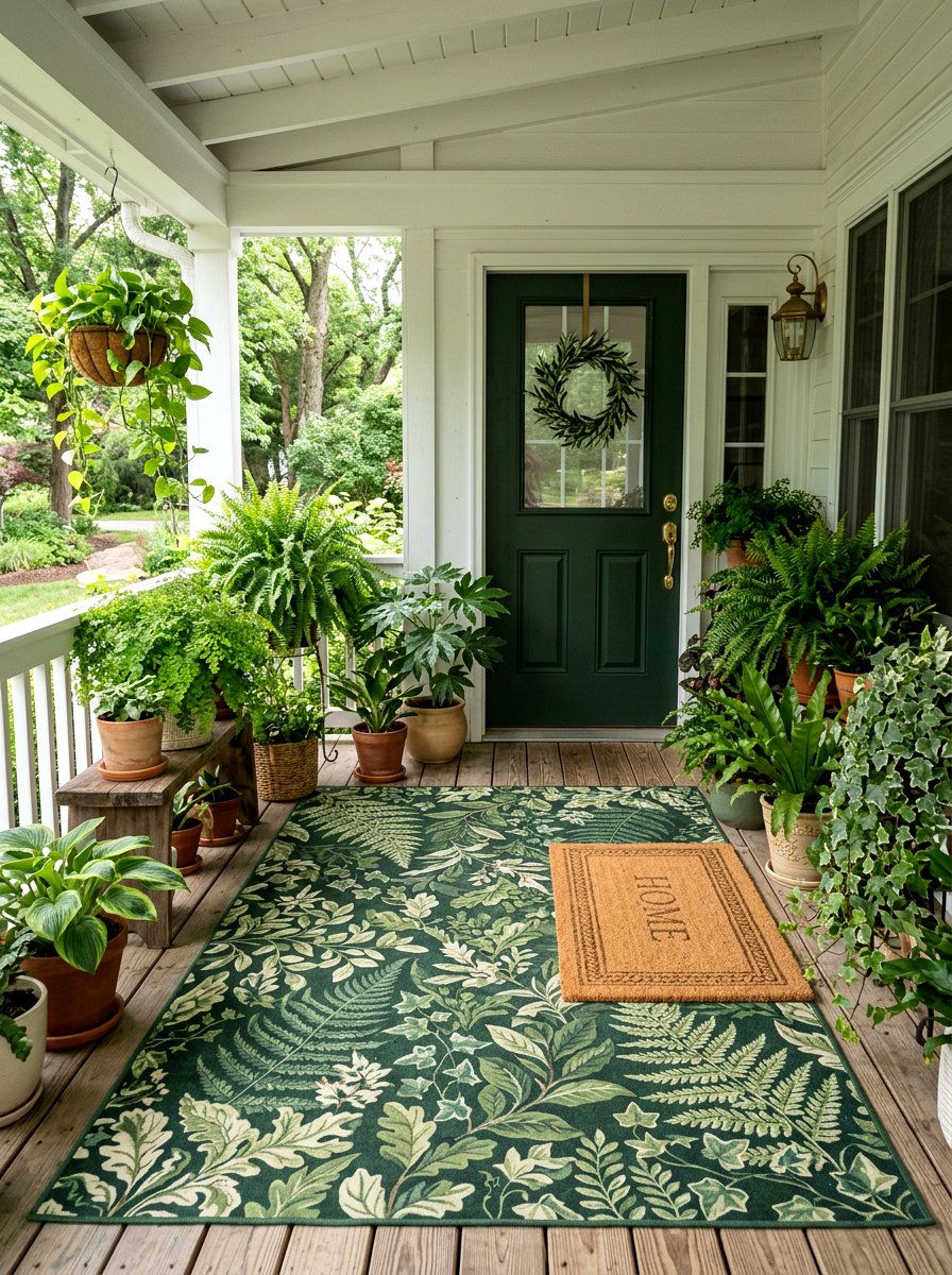 Green Botanical Print Rug - 25 Spring Doormat Layering Ideas