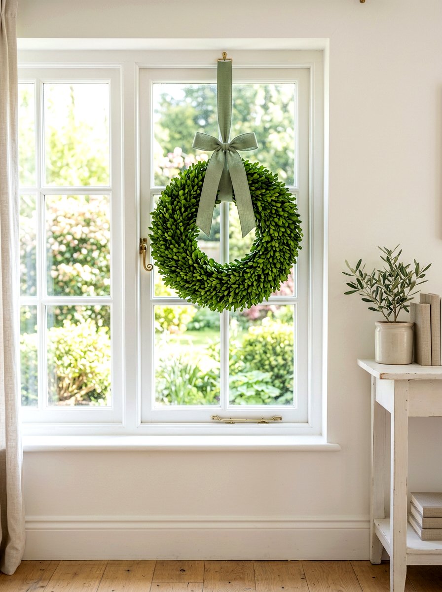 Green Boxwood Wreath - 25 Spring Bay Window Decor Ideas