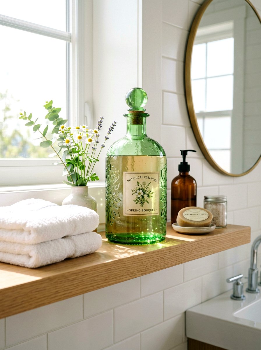 Green Glass Bottle - 25 Spring Bathroom Shelf Decor Ideas