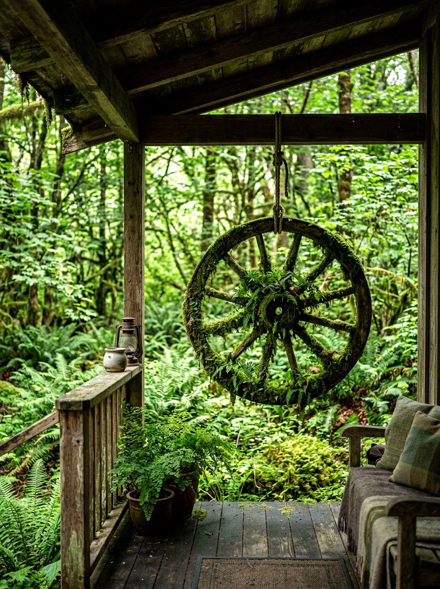 Green Moss Wagon Wheel - 25 Spring Wagon Wheel Wreath Ideas