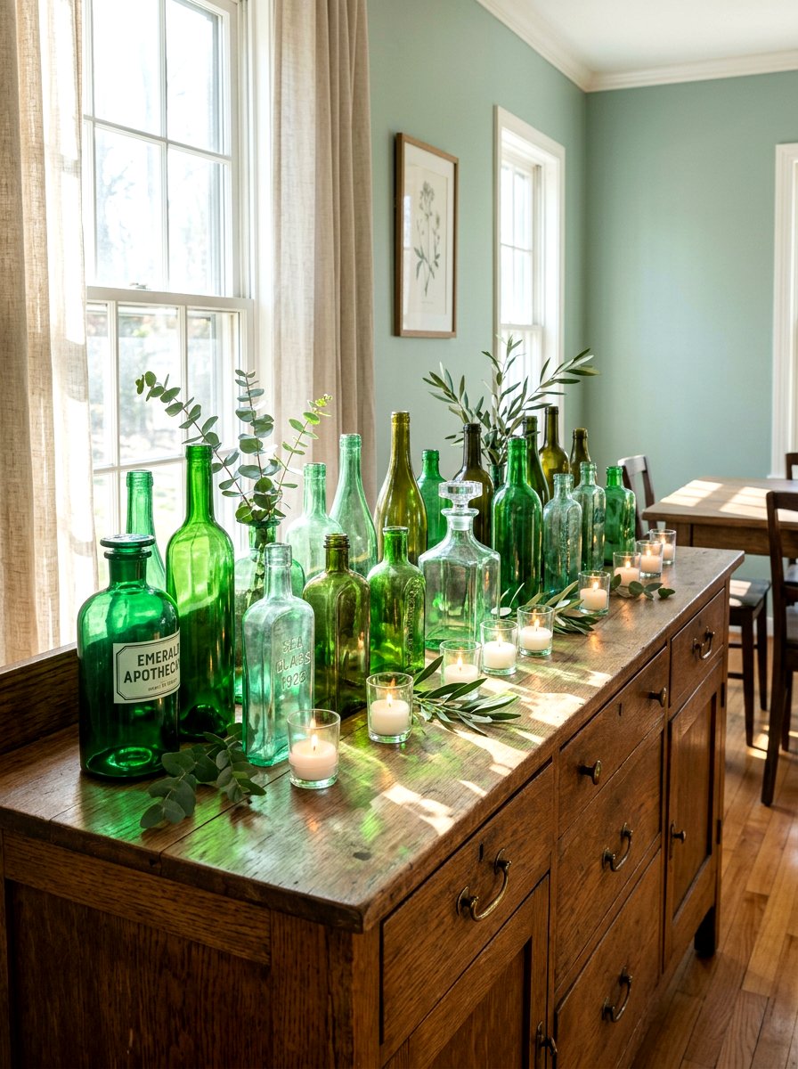 Green glass bottle collection - 25 Spring Dining Room Buffet Ideas