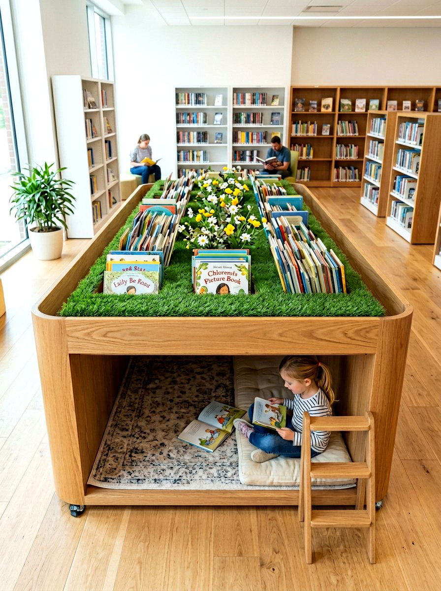 Green grass book bin - 25 Spring Bookshelf Ideas for Kids
