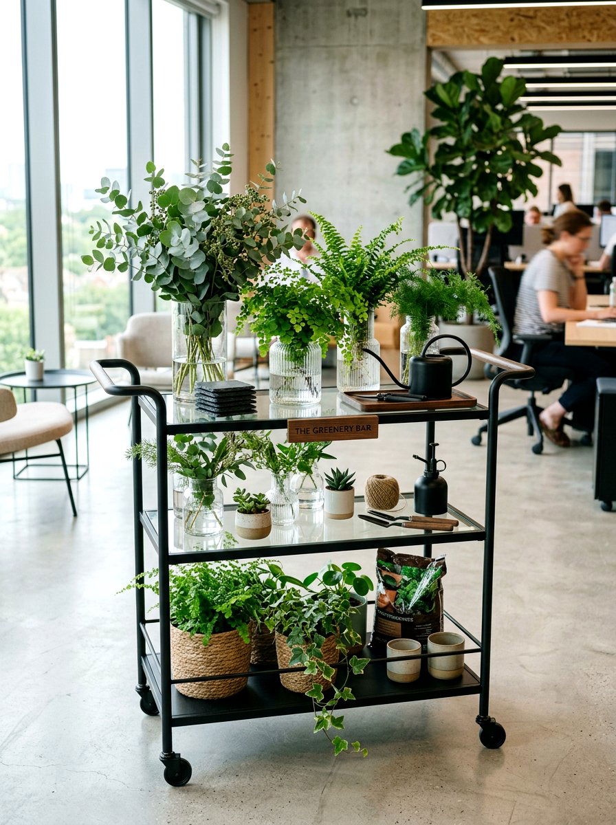 Greenery And Glass Cart - 25 Spring Bar Cart Decor Ideas