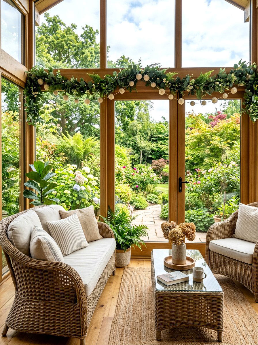 Greenery Pom Pom Garland Sunroom - 25 Spring Pom Pom Garland Ideas