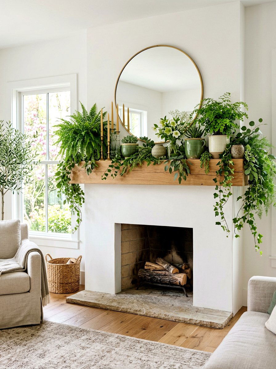 Greenery Spring Mantel - 25 Spring Mantel Styling Ideas