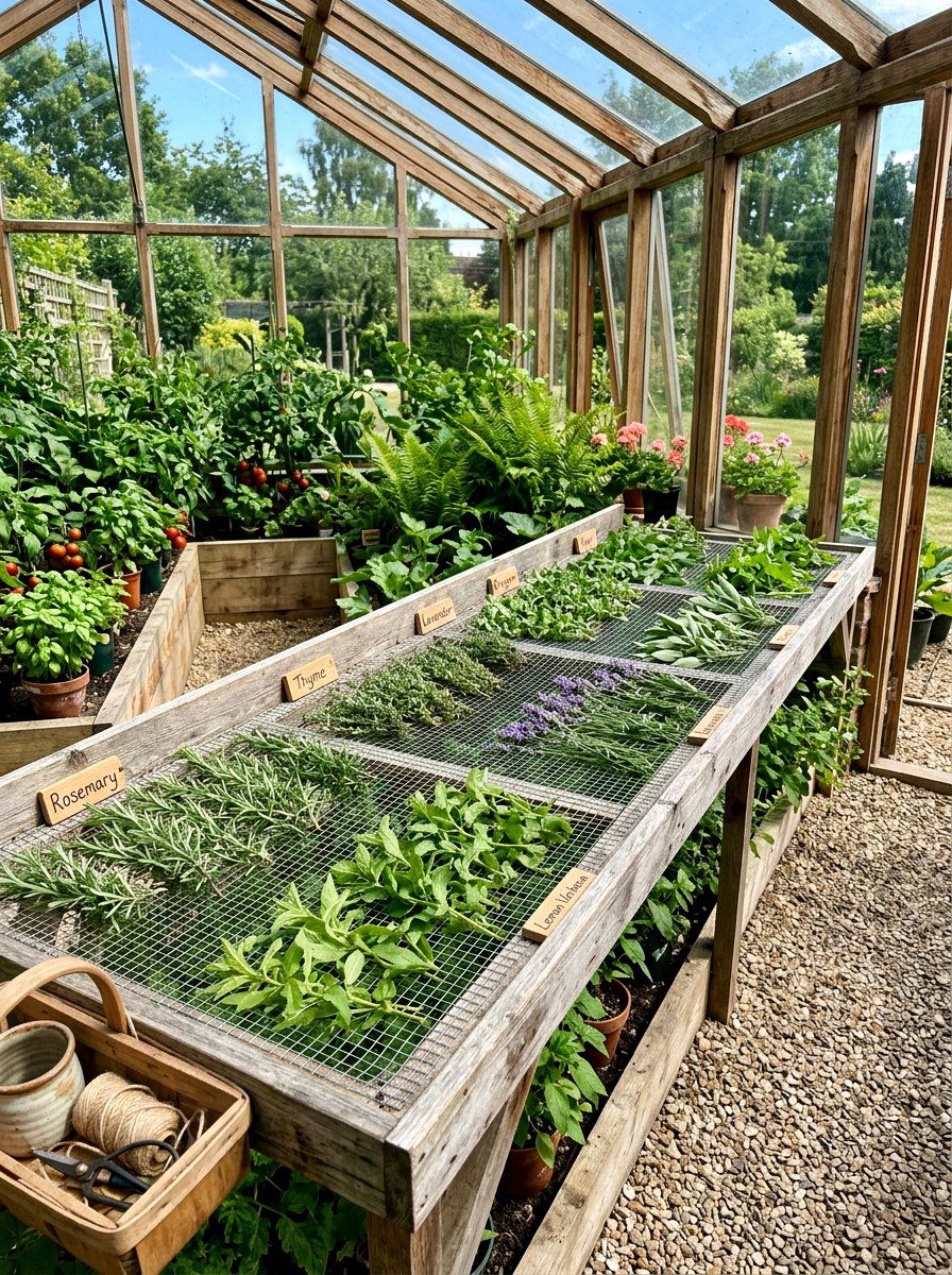 Greenhouse Herb Drying Bench - 25 Spring Herb Drying Rack Ideas