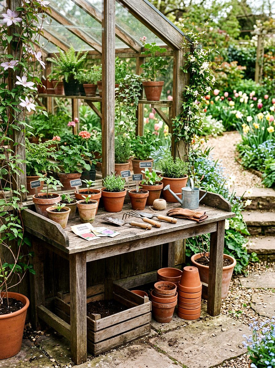 Greenhouse Potting Bench Setup - 25 Spring Greenhouse Display Ideas