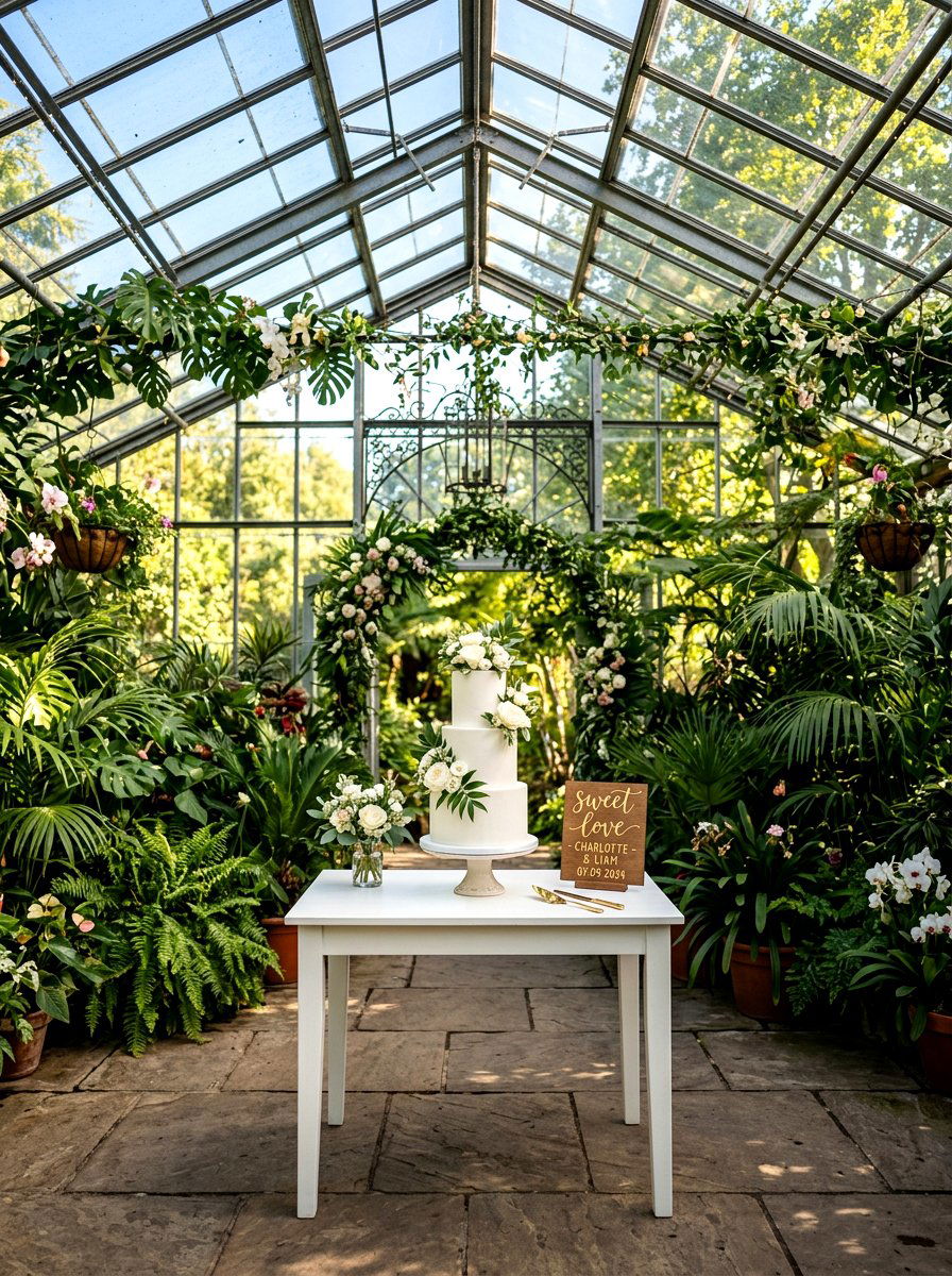 Greenhouse Wedding Cake Setup - 25 Spring Wedding Cake Table Ideas