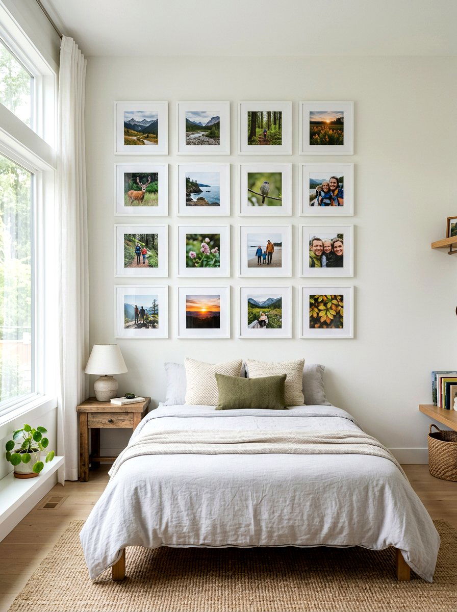 Grid photo wall - 25 Spring Bedroom Wall Decor Ideas