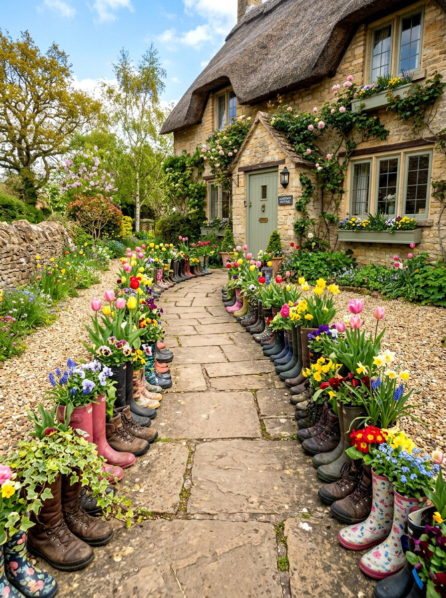 Grouped Boot Garden Entrance - 25 Spring Boot Planter Ideas