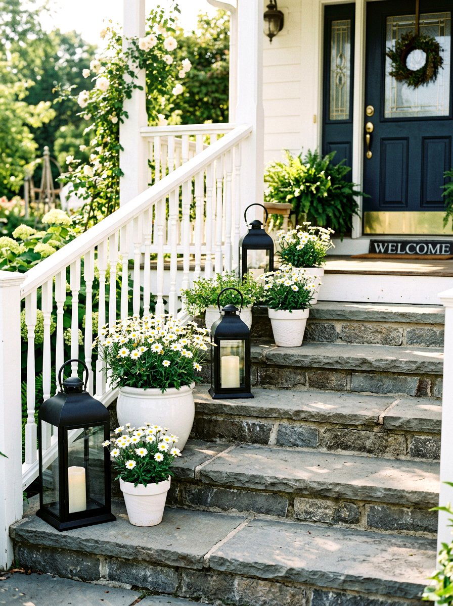 Grouped Lanterns On Porch Steps - 25 Spring Porch Lantern Ideas