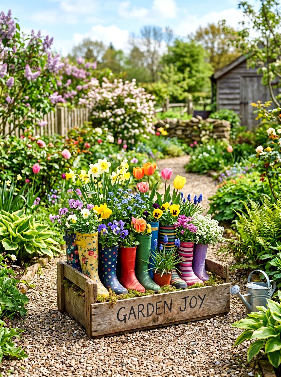 Grouped Rain Boot Planter - 25 Spring Rain Boot Planter Ideas