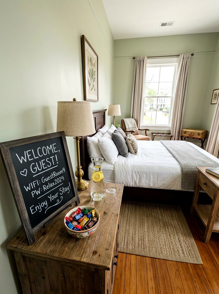 Guest room welcome chalkboard station - 25 Spring Chalkboard Decor Ideas