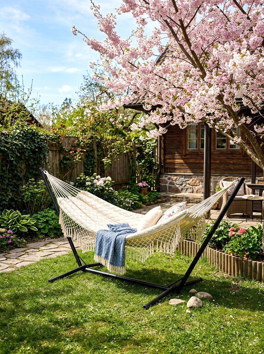 Hammock with stand - 25 Backyard Spring Decor Ideas