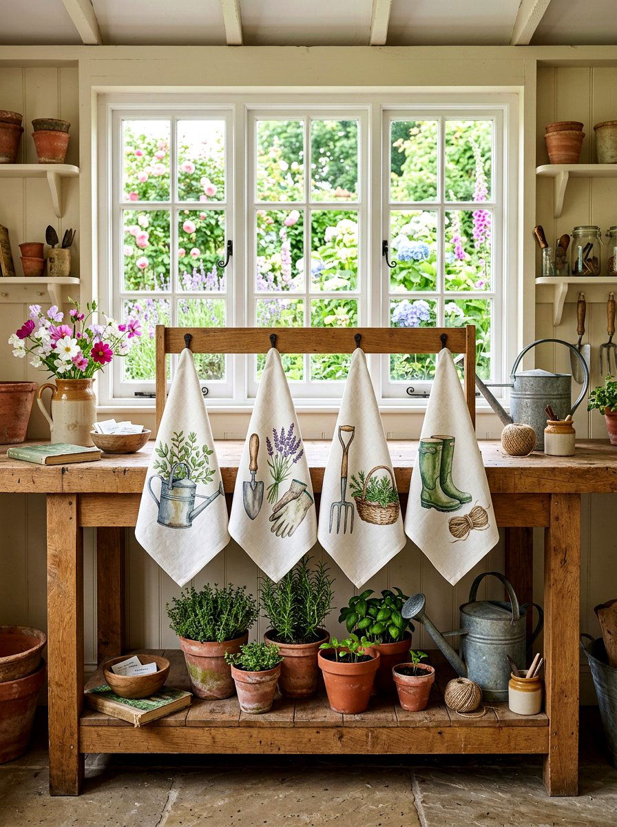 Hand Painted Garden Tools - 25 Spring Kitchen Towel Ideas