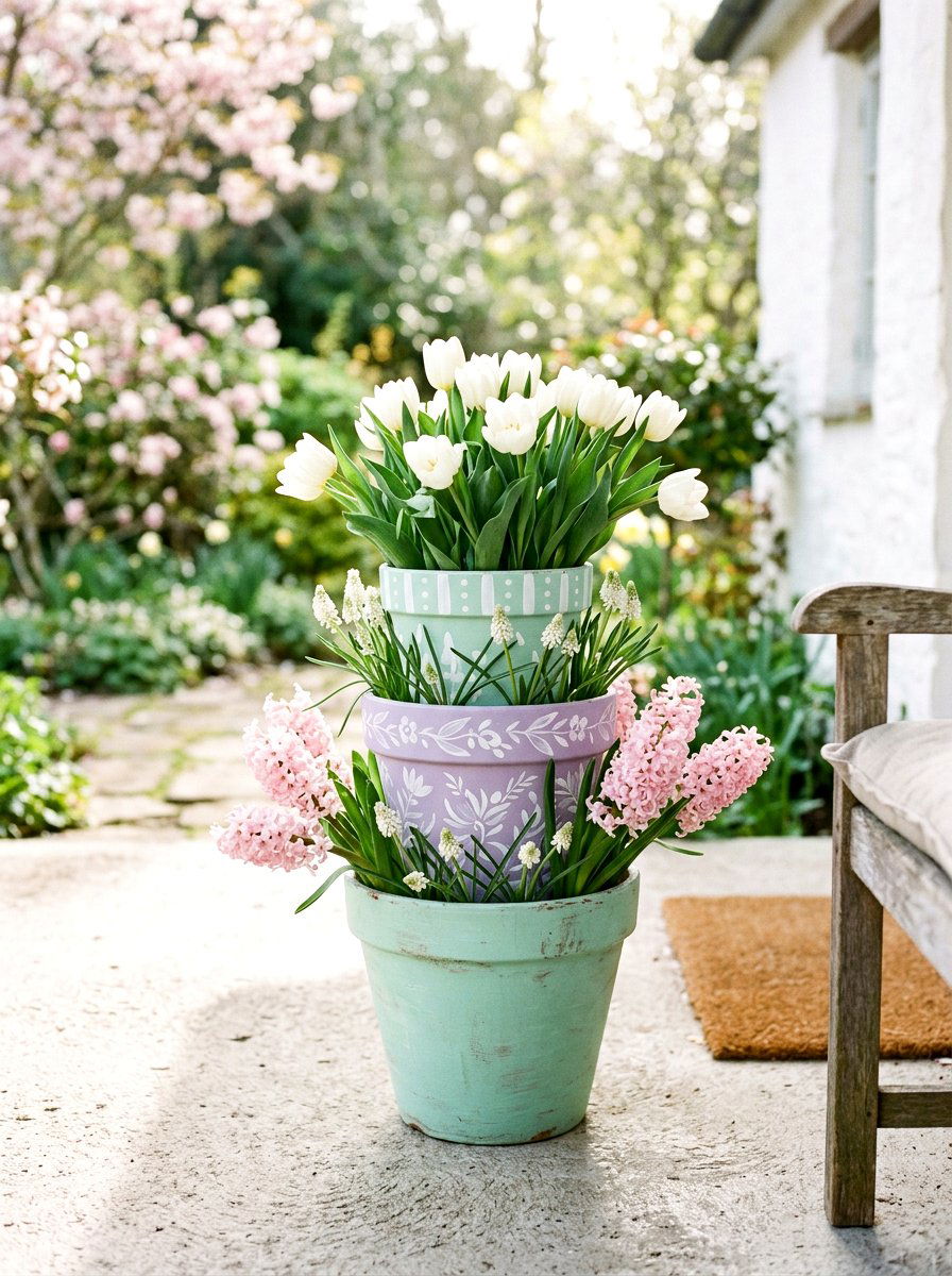 Hand Painted Pastel Pot Stack - 25 Spring Clay Pot Stack Ideas