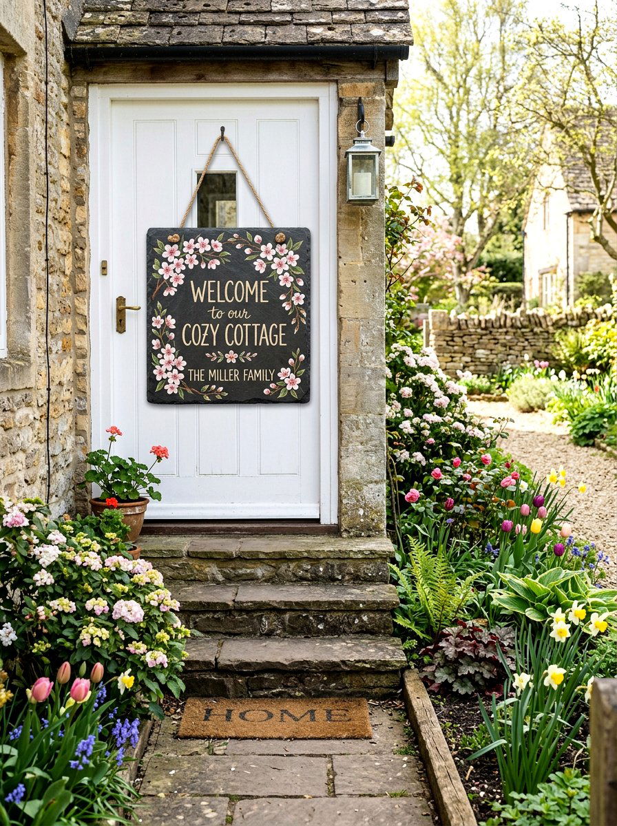 Hand Painted Slate Sign - 25 Spring Welcome Sign Ideas
