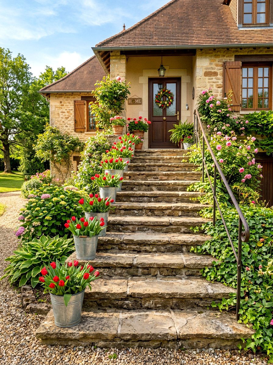 Handle Tin Bucket Staircase Decor - 25 Spring Tin Bucket Planter Ideas