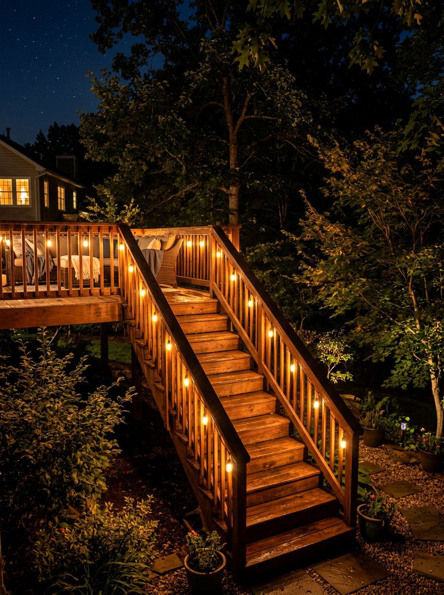 Handrail string lights - 25 Spring Deck Staircase Decor Ideas
