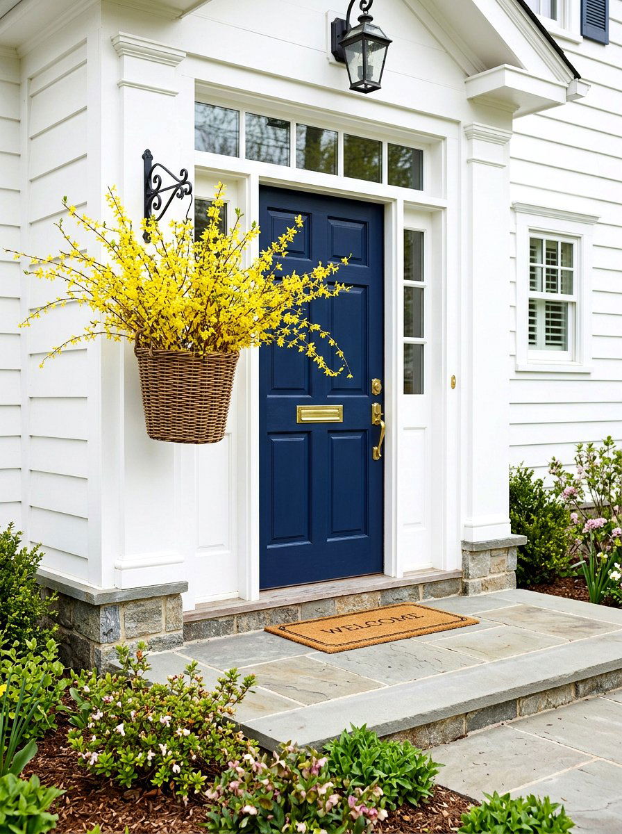 Hanging Basket With Forsythia - 25 Spring Door Basket Ideas