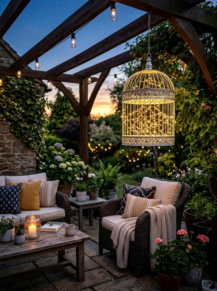 Hanging Birdcage With Fairy Lights - 25 Spring Birdcage Decor Ideas