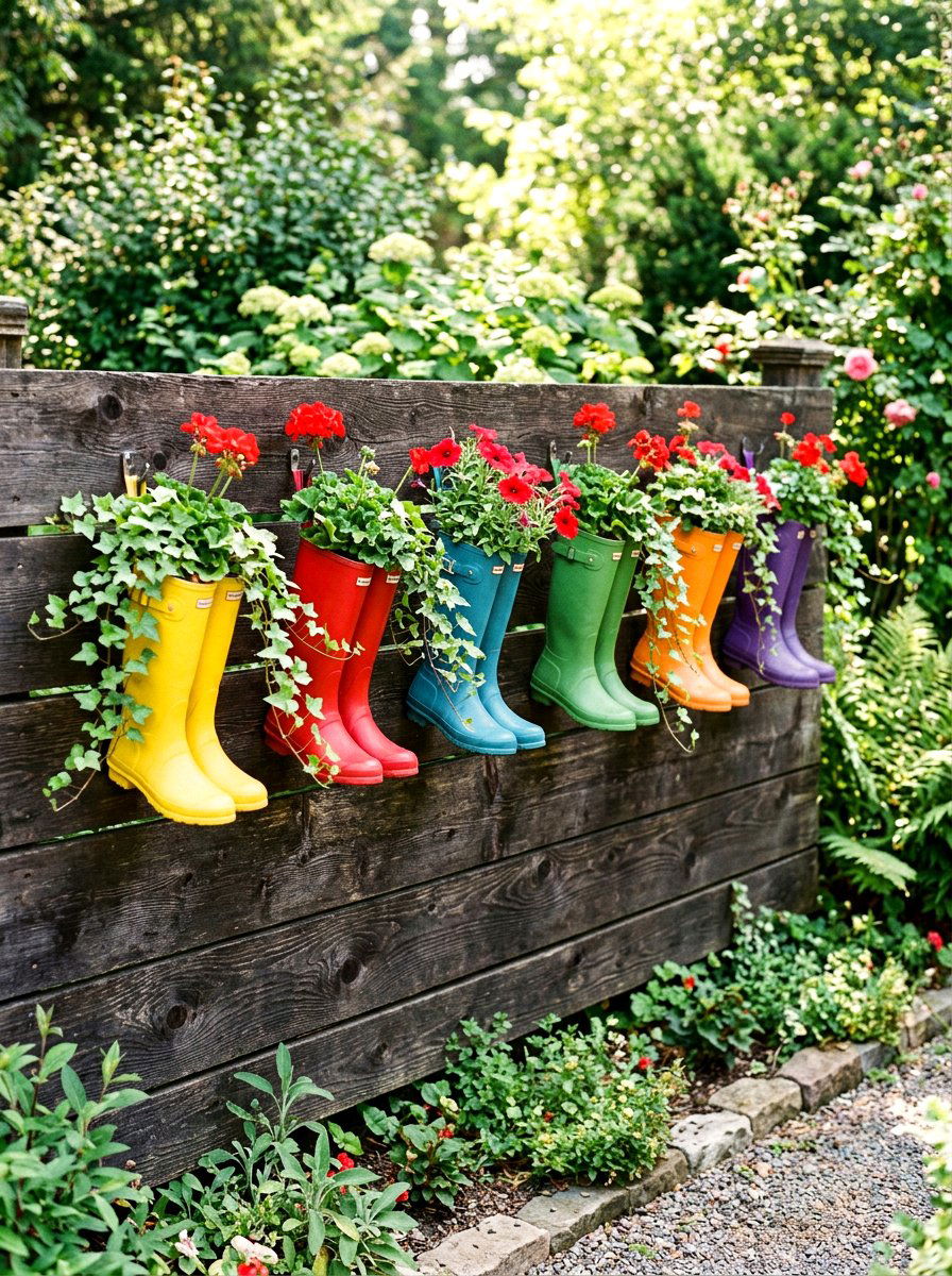 Hanging Boot Fence Planter - 25 Spring Boot Planter Ideas