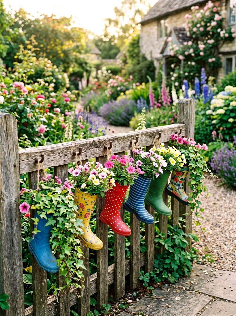 Hanging Boot Planter On Fence - 25 Spring Rain Boot Planter Ideas