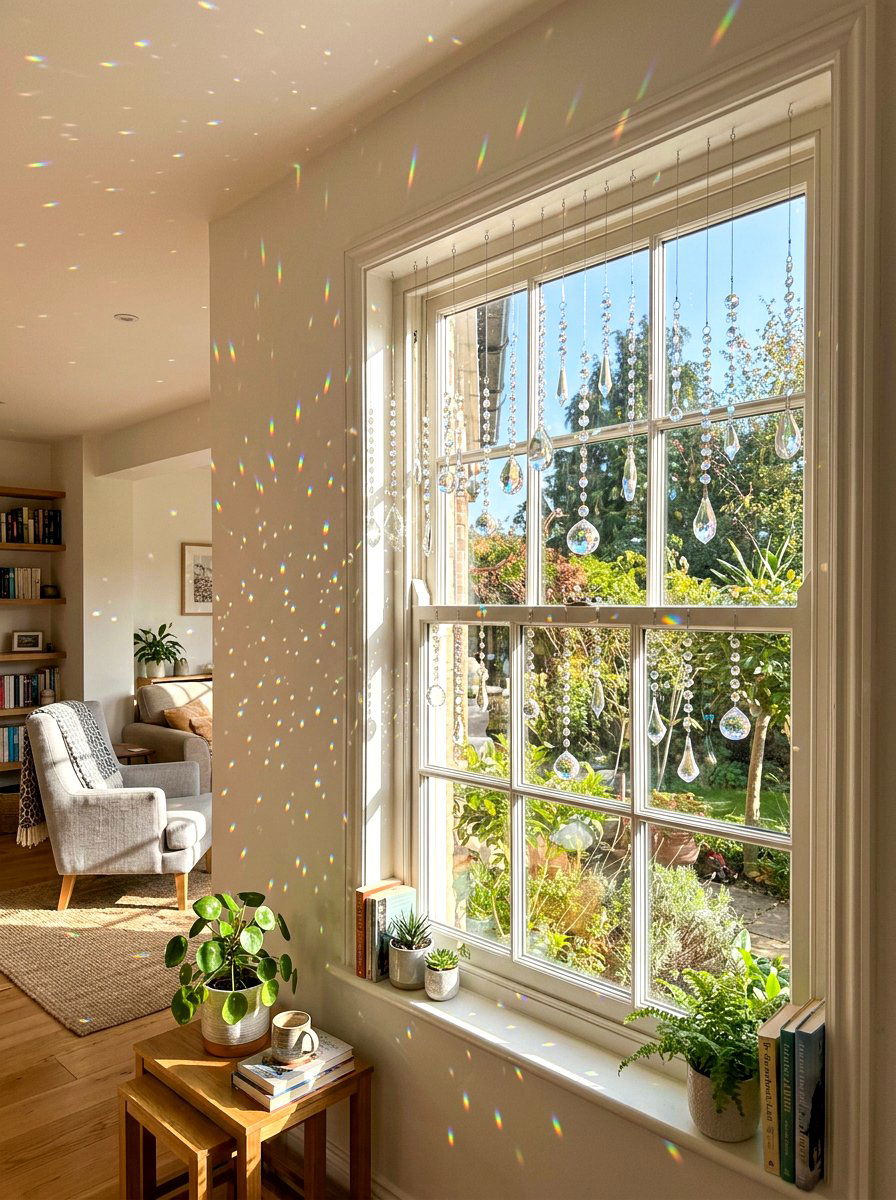 Hanging Crystal Window Suncatchers - 25 Spring Window Frame Decor Ideas