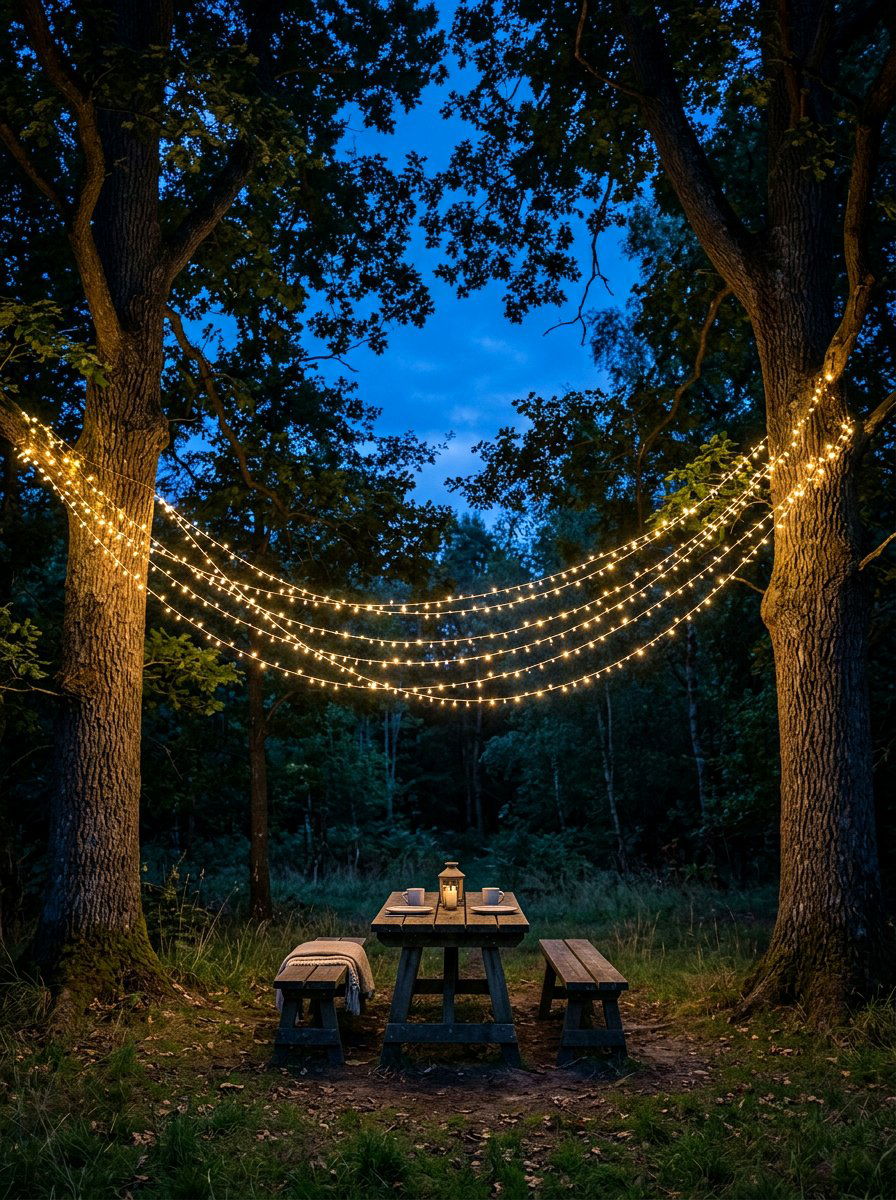 Hanging Fairy String Lights - 25 Spring Picnic Decor Ideas