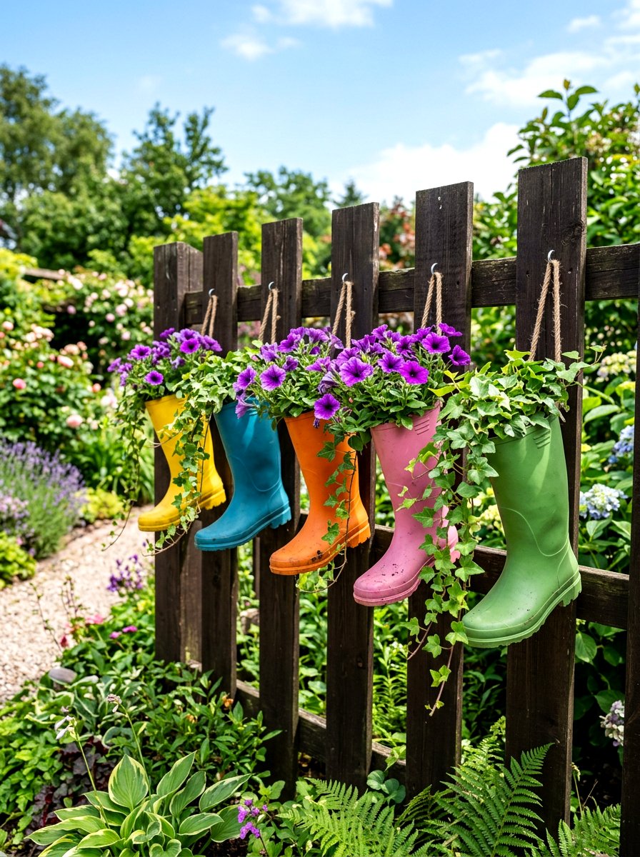 Hanging Fence Boot Planter - 25 Spring Rubber Boot Planter Ideas