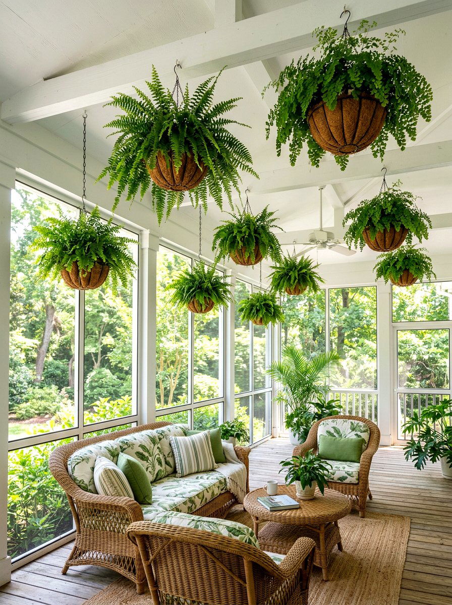 Hanging Fern Baskets - 25 Spring Screened Porch Decor Ideas