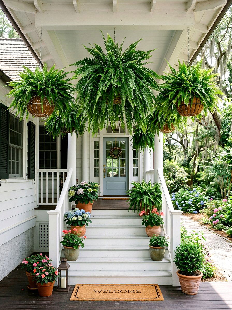 Hanging Fern Porch Step - 25 Spring Porch Step Decor Ideas