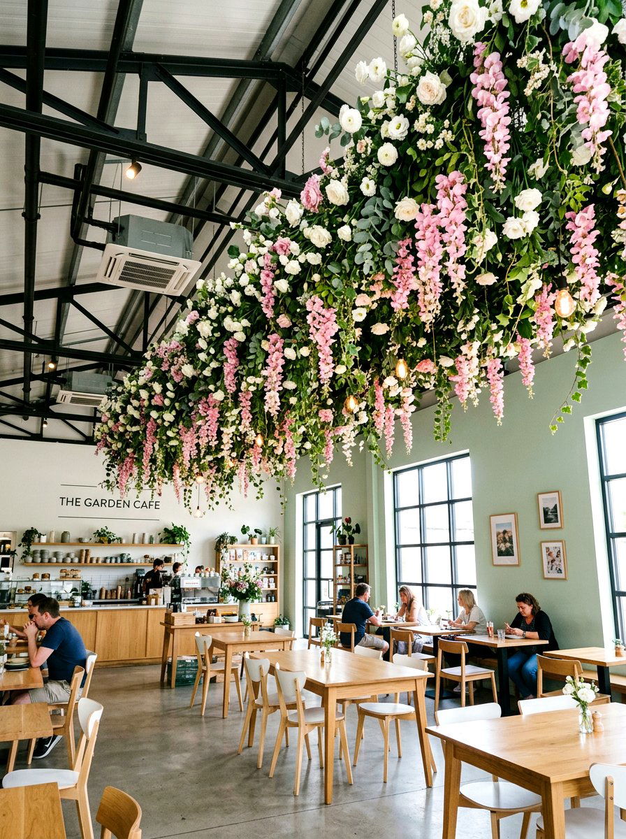 Hanging Floral Installation - 25 Spring Cafe Decor Ideas