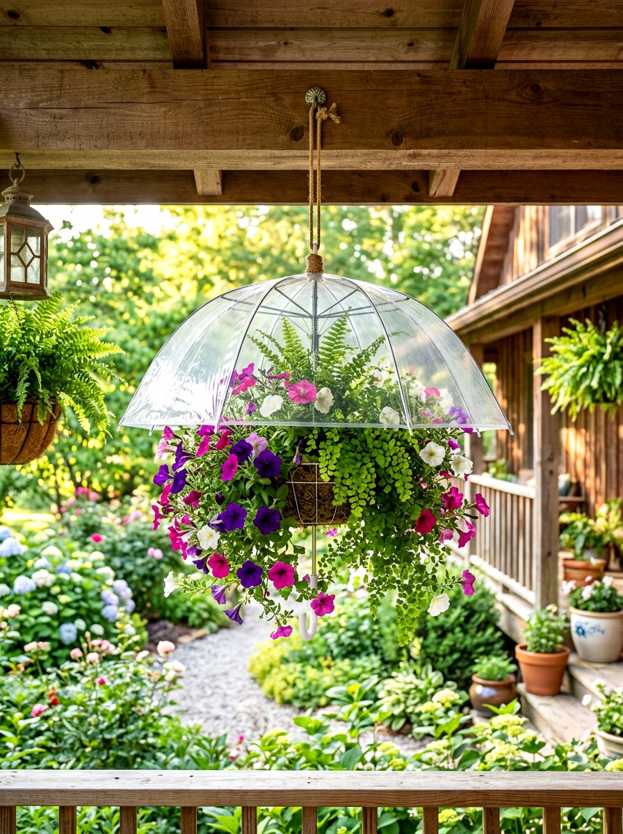 Hanging Floral Umbrella Planter - 25 Spring Umbrella Decor Ideas