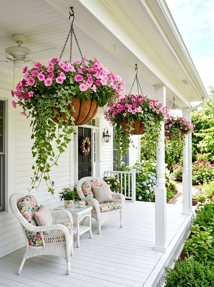 Hanging Flower Basket - 25 Spring Porch Sitting Area Ideas